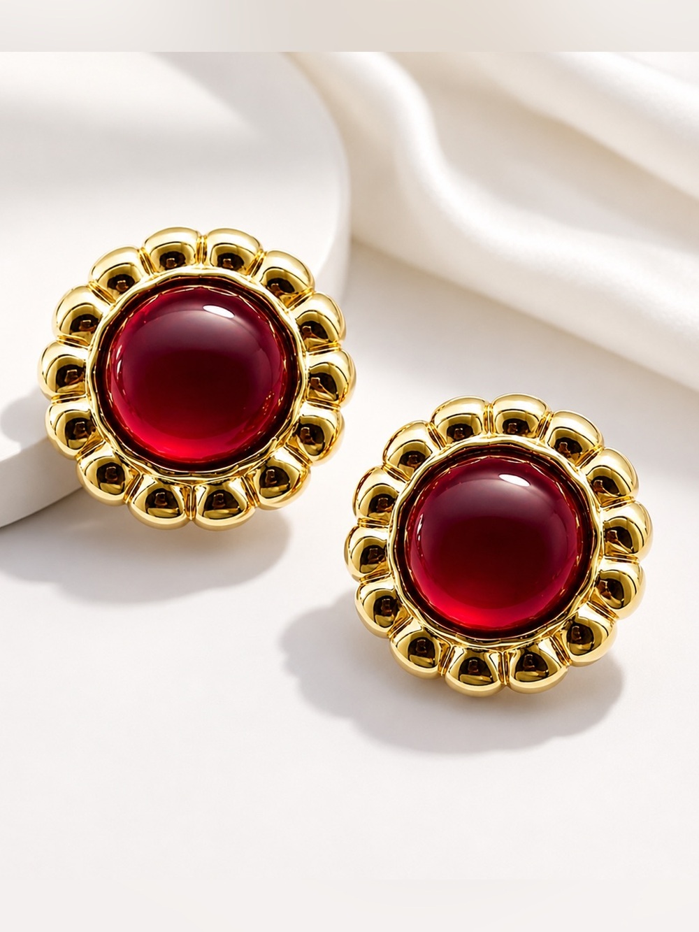 Red Button Stud Earrings Vintage Inspired